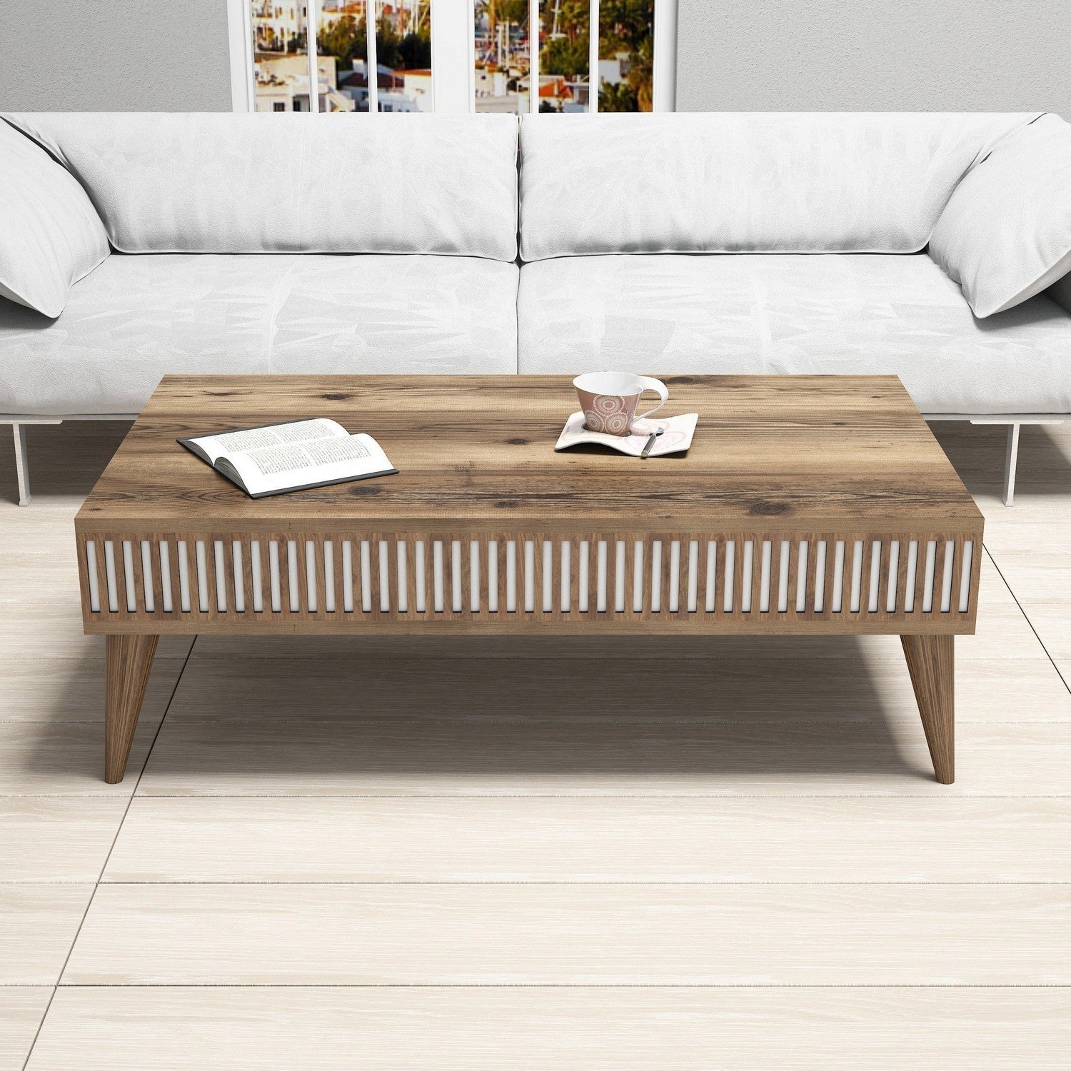 Mesa de Centro Tribal – Nogueira e Branco (105 x 34,6 x 60 cm) | Elegância, Durabilidade e Versatilidade