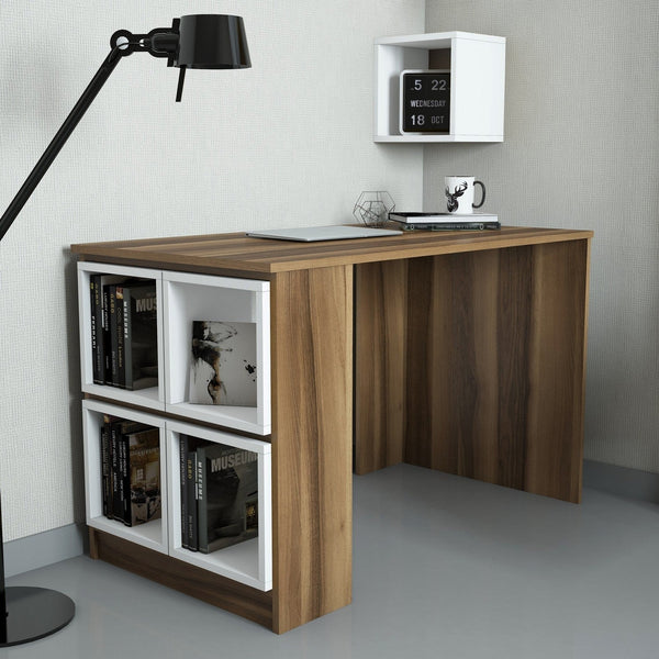 Secretária de Estudo e Trabalho Évora – 120x65x75 cm – Nogueira e Branco – Design Moderno
