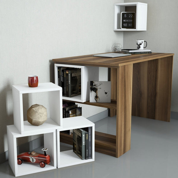 Secretária de Estudo e Trabalho Évora – 120x65x75 cm – Nogueira e Branco – Design Moderno