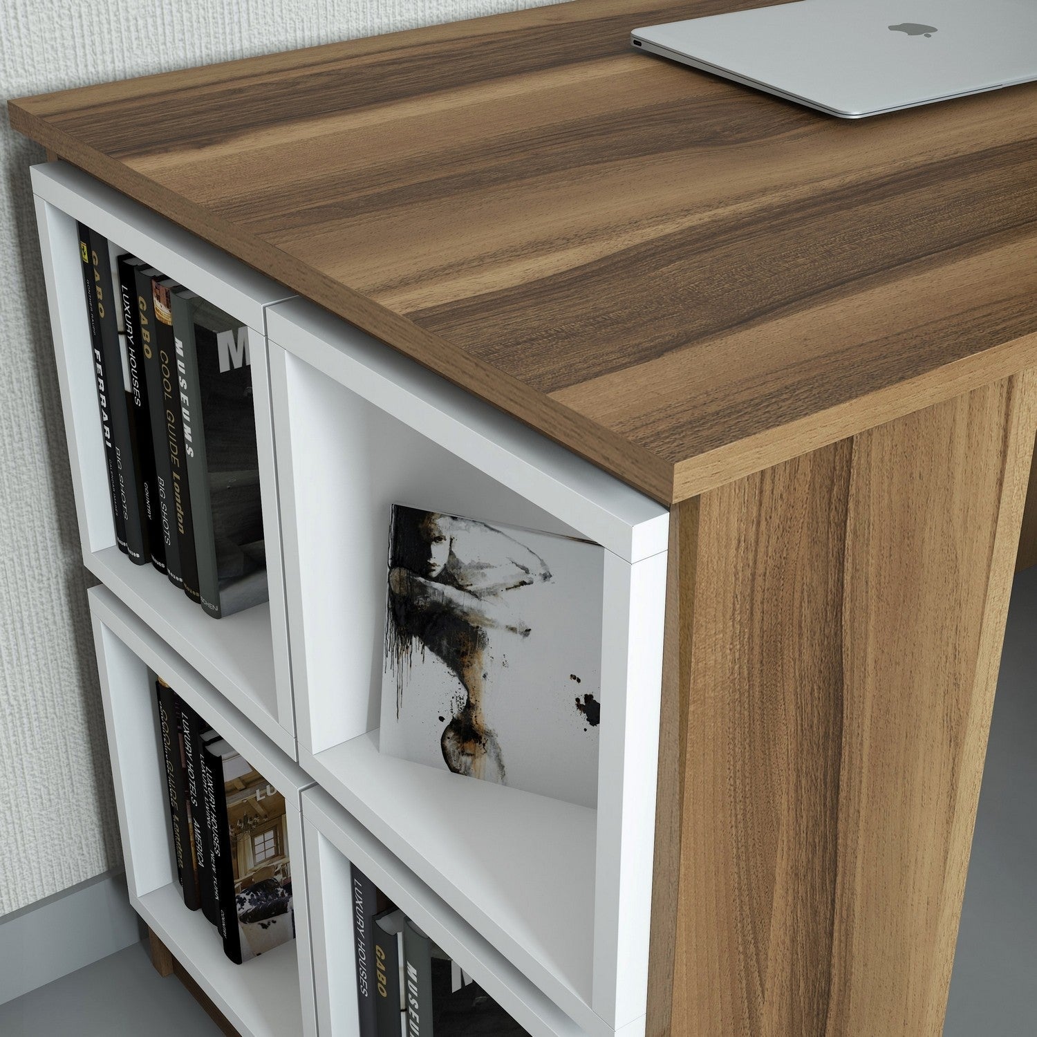Secretária de Estudo e Trabalho Évora – 120x65x75 cm – Nogueira e Branco – Design Moderno