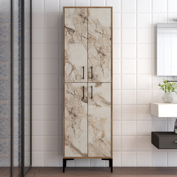 Armário Alto Multiusos "Torino" - Nogueira e Branco Mármore - 60x200x35 cm - Design Moderno