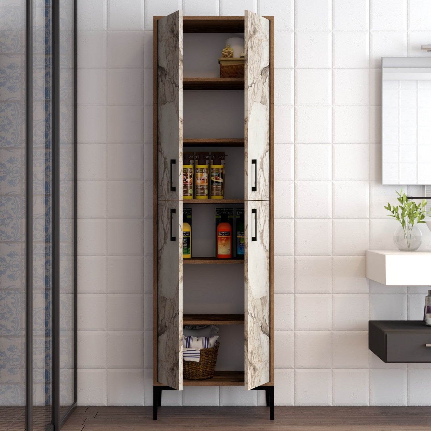 Armário Alto Multiusos "Torino" - Nogueira e Branco Mármore - 60x200x35 cm - Design Moderno