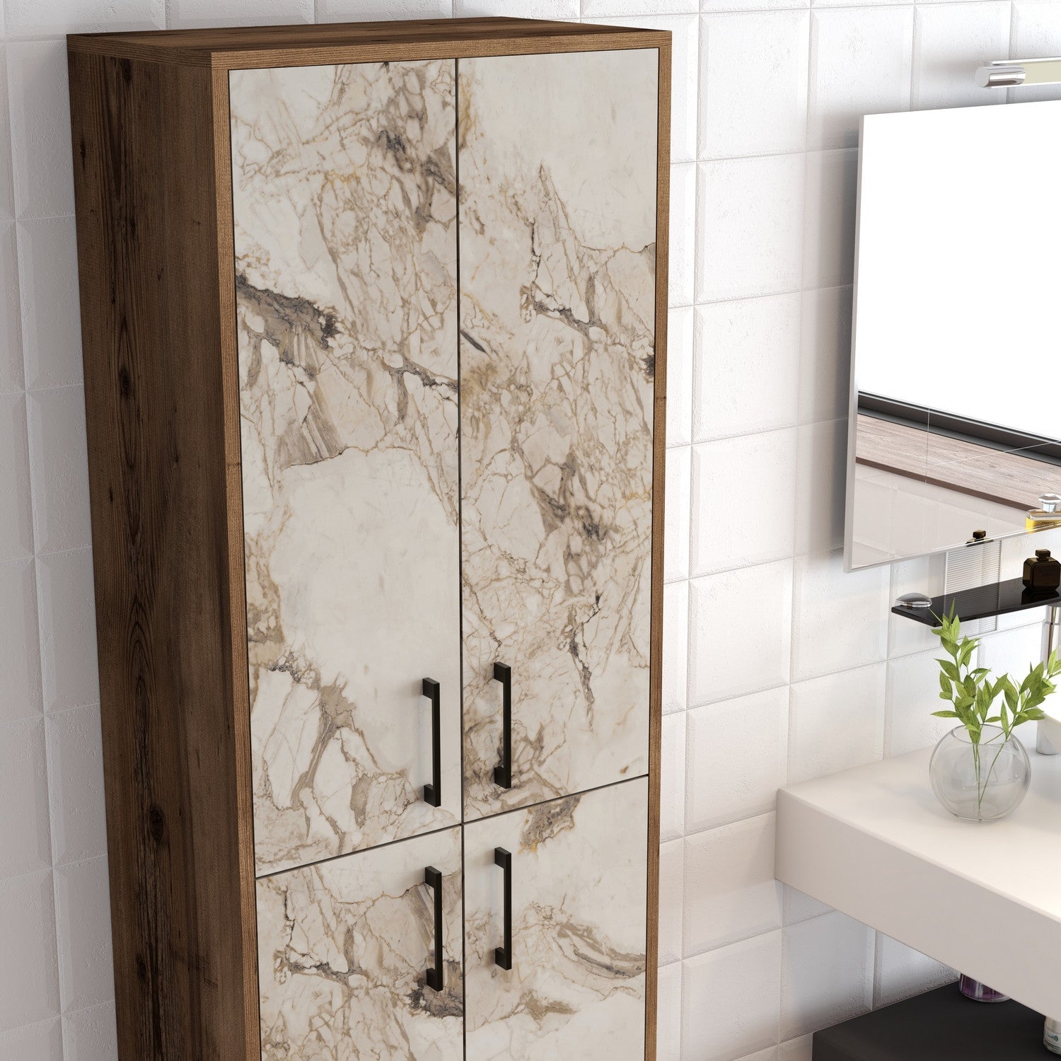 Armário Alto Multiusos "Torino" - Nogueira e Branco Mármore - 60x200x35 cm - Design Moderno