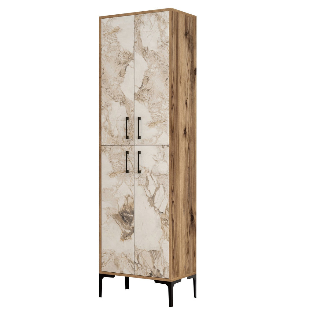 Armário Alto Multiusos "Torino" - Nogueira e Branco Mármore - 60x200x35 cm - Design Moderno