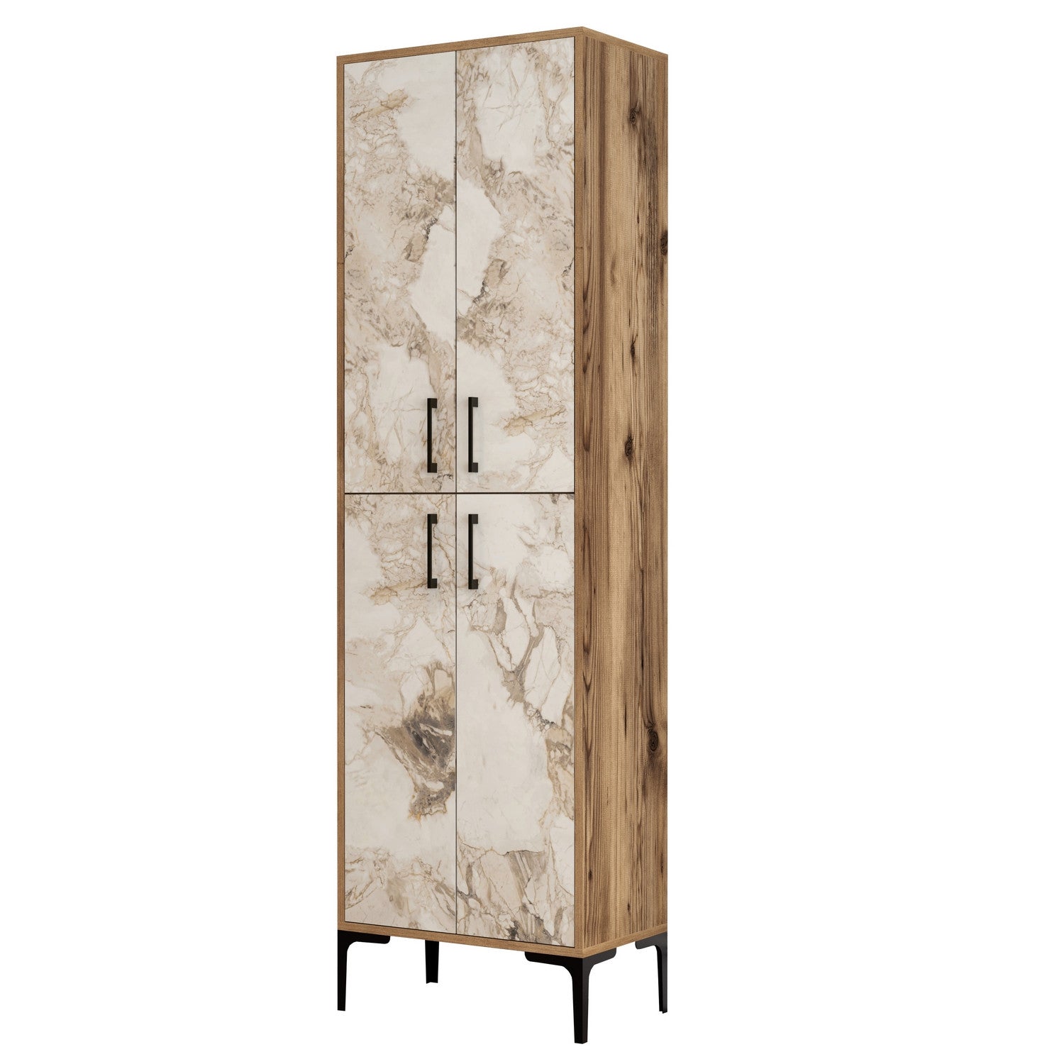 Armário Alto Multiusos "Torino" - Nogueira e Branco Mármore - 60x200x35 cm - Design Moderno