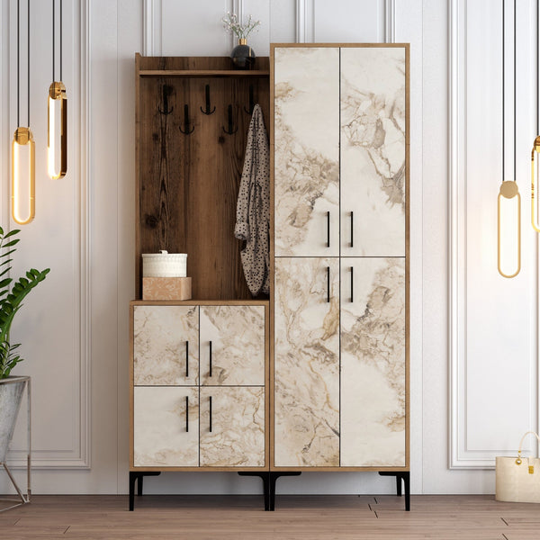 Conjunto de Entrada "Milano" com Sapateira, Cabide e Consola - Nogueira e Branco Mármore - 120x200x35 cm - Design Moderno