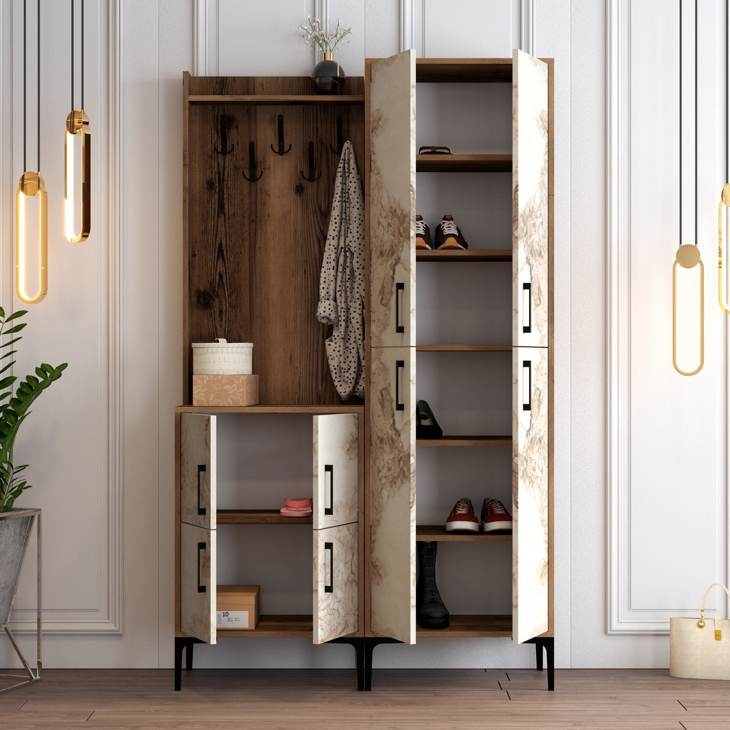 Conjunto de Entrada "Milano" com Sapateira, Cabide e Consola - Nogueira e Branco Mármore - 120x200x35 cm - Design Moderno