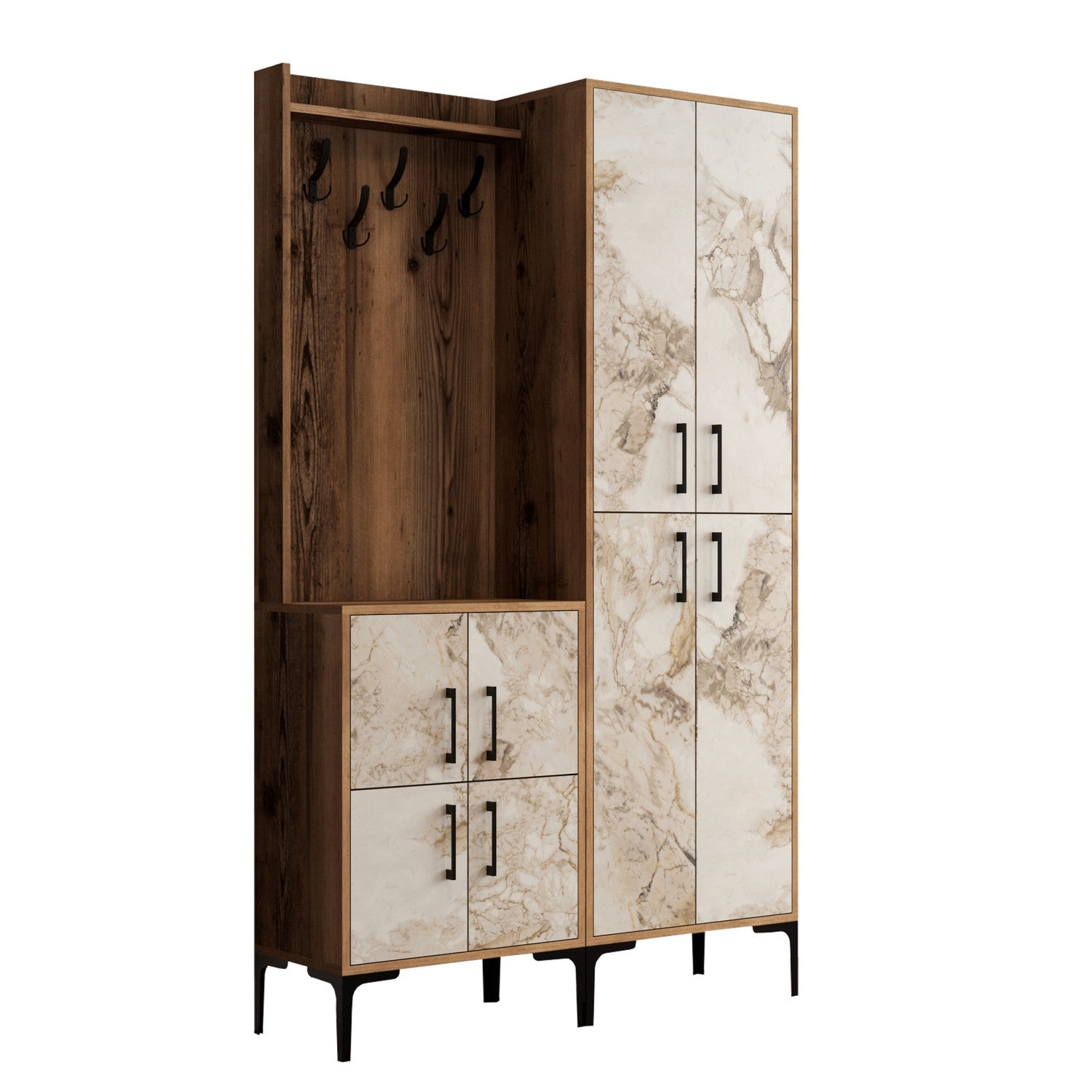 Conjunto de Entrada "Milano" com Sapateira, Cabide e Consola - Nogueira e Branco Mármore - 120x200x35 cm - Design Moderno