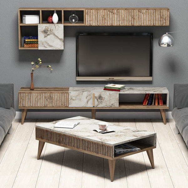 Conjunto de Mobiliário de Sala – Tribal – Móvel de TV, Prateleiras, Mesa de Centro - Nogueira e Mármore Branco