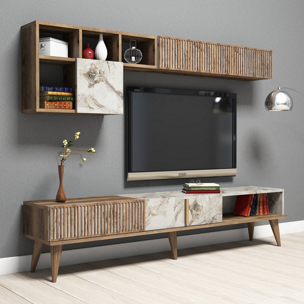 Conjunto de Mobiliário de Sala – Tribal – Móvel de TV, Prateleiras, Mesa de Centro - Nogueira e Mármore Branco