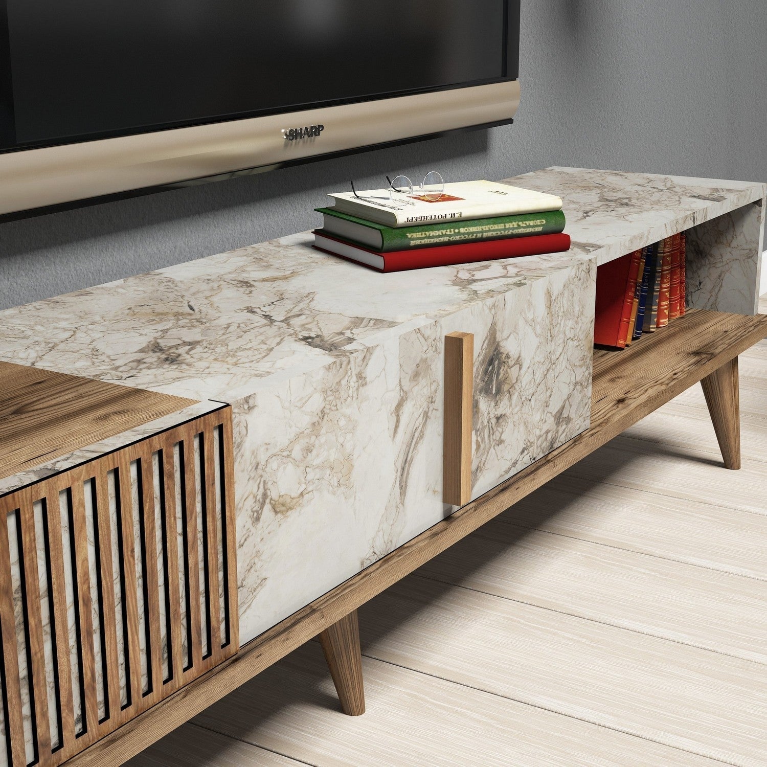Conjunto de Mobiliário de Sala – Tribal – Móvel de TV, Prateleiras, Mesa de Centro - Nogueira e Mármore Branco