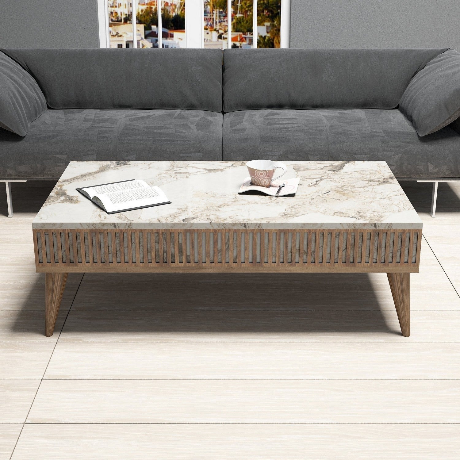 Conjunto de Mobiliário de Sala – Tribal – Móvel de TV, Prateleiras, Mesa de Centro - Nogueira e Mármore Branco