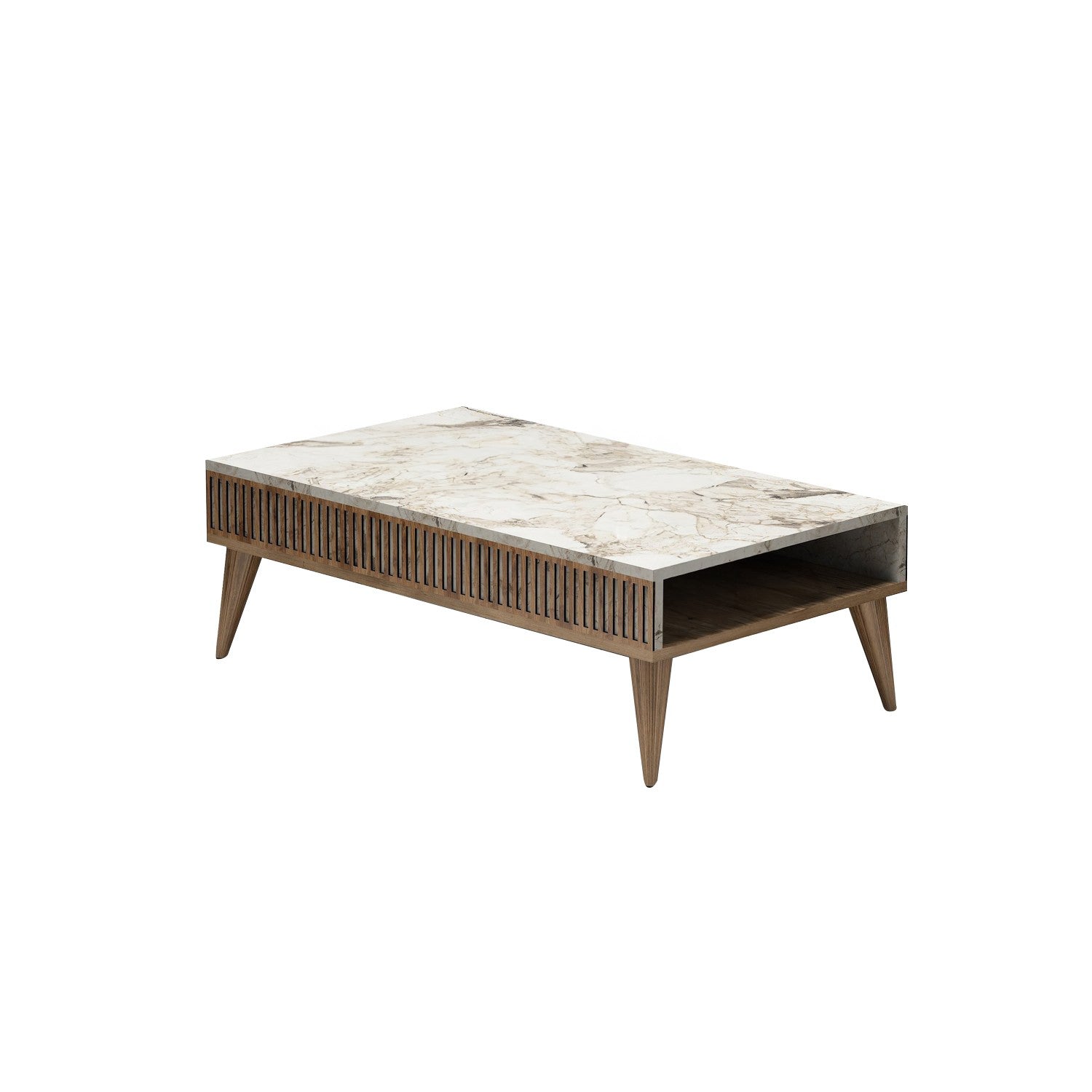 Conjunto de Mobiliário de Sala – Tribal – Móvel de TV, Prateleiras, Mesa de Centro - Nogueira e Mármore Branco