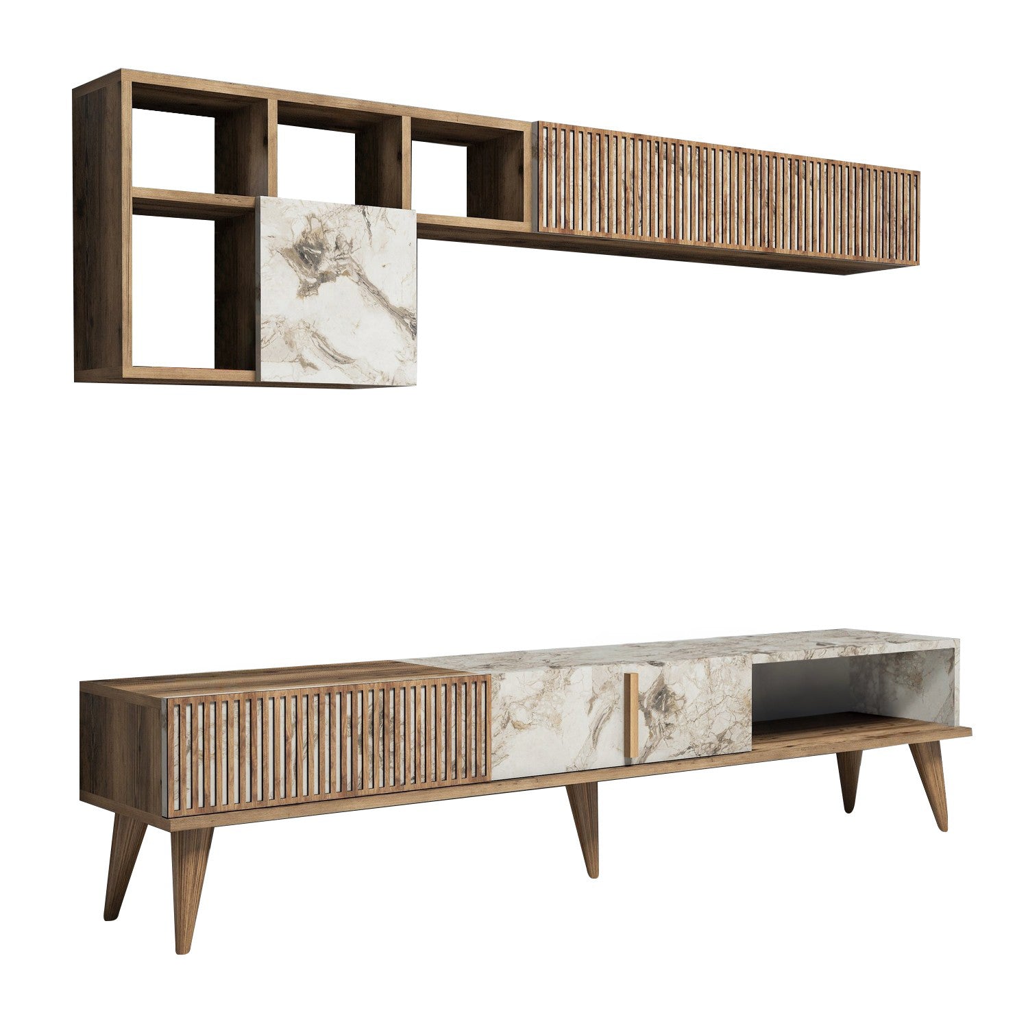 Conjunto de Mobiliário de Sala – Tribal – Móvel de TV, Prateleiras, Mesa de Centro - Nogueira e Mármore Branco