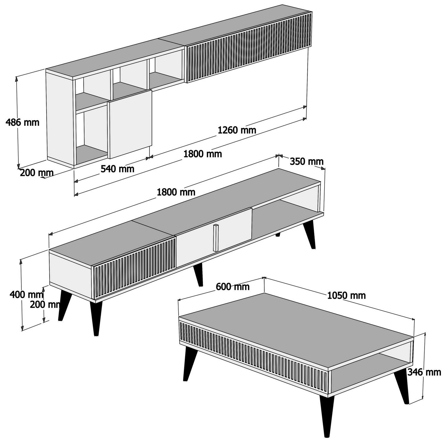 Conjunto de Mobiliário de Sala – Tribal – Móvel de TV, Prateleiras, Mesa de Centro - Nogueira e Mármore Branco