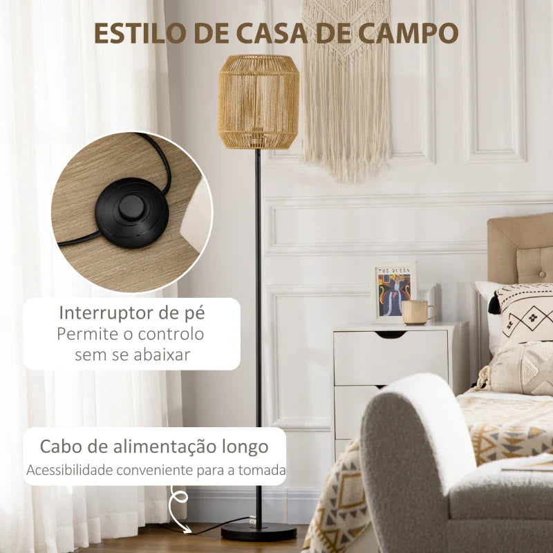 Candeeiro de Pé para Sala de Estar Lâmpada E27 Máx. 40W Candeeiro de Pé com Ecrã de Corda de Papel e Interruptor de Pé para Cozinha Dormitório Ø26x158cm Natural e Preto