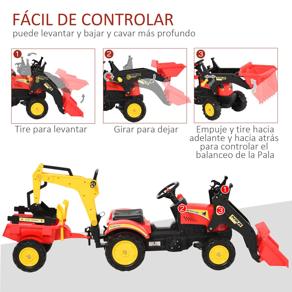 Trator de pedais com reboque escavadeira com pá frontal de brinquedo de condução para crianças acima de 3 anos Direção e pás de fácil controle Suporta até 35 kg 179x42x59 cm Vermelho