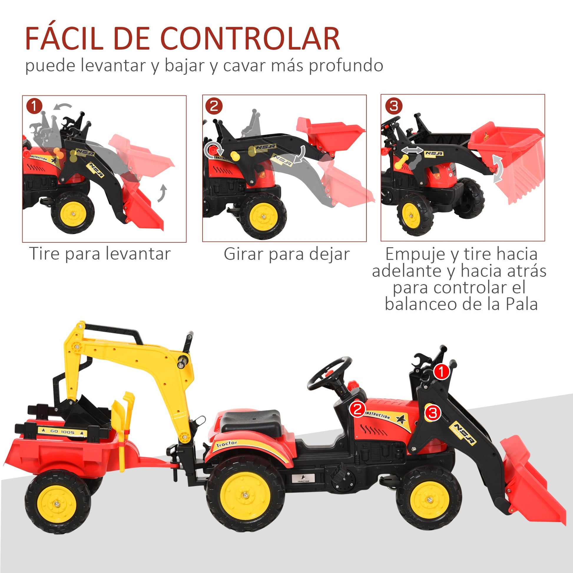 Trator de pedais com reboque escavadeira com pá frontal de brinquedo de condução para crianças acima de 3 anos Direção e pás de fácil controle Suporta até 35 kg 179x42x59 cm Vermelho