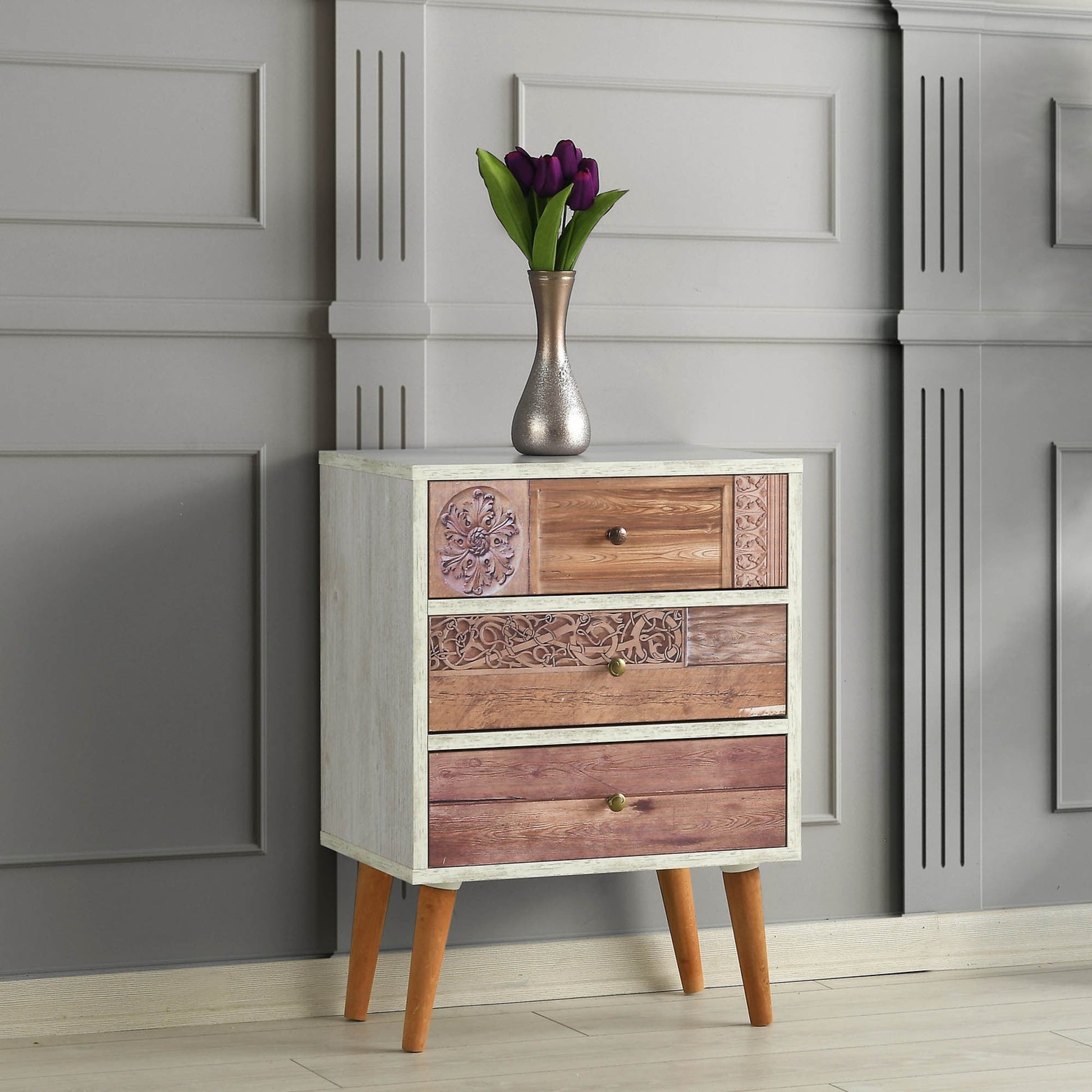 Cómoda Liza com 3 Gavetas e Pernas de Madeira – 50x35x68 cm – Branco e Nogueira – Estilo Moderno
