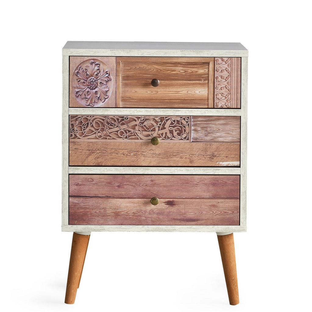 Cómoda Liza com 3 Gavetas e Pernas de Madeira – 50x35x68 cm – Branco e Nogueira – Estilo Moderno