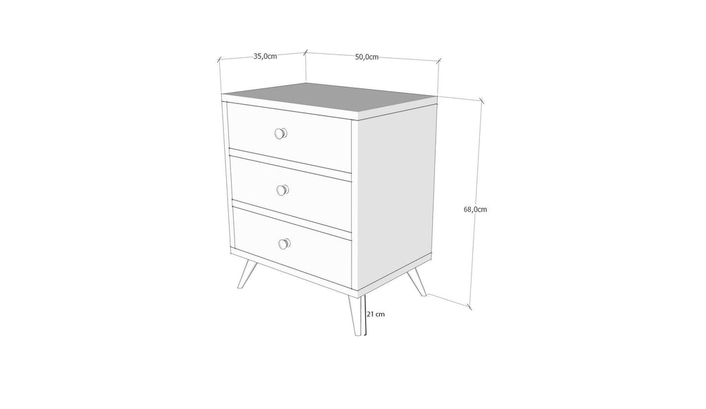 Cómoda Liza com 3 Gavetas e Pernas de Madeira – 50x35x68 cm – Branco e Nogueira – Estilo Moderno