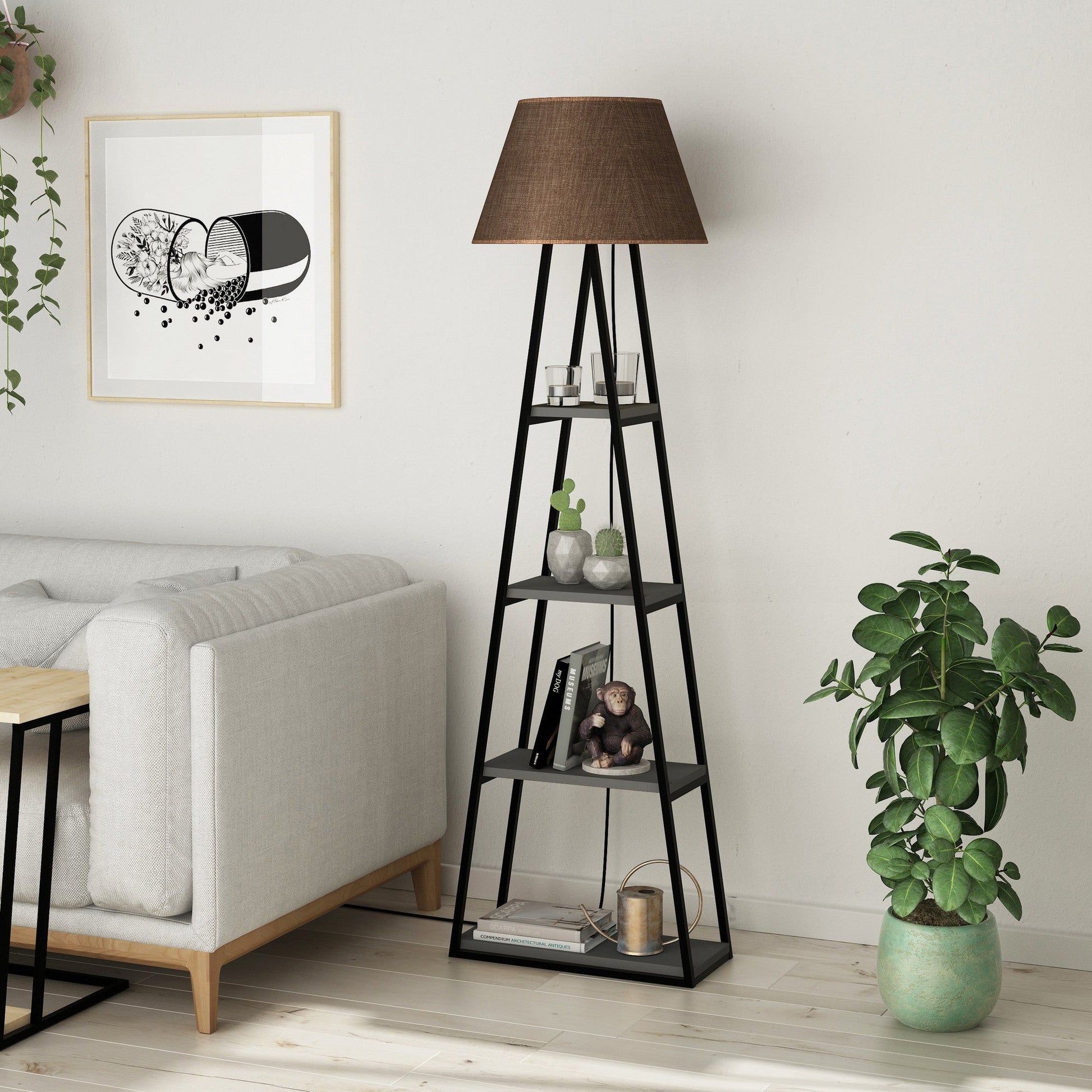 Candeeiro de Pé "Pal" – 50x22x165 cm – Antracite e Castanho - Design Boho Industrial