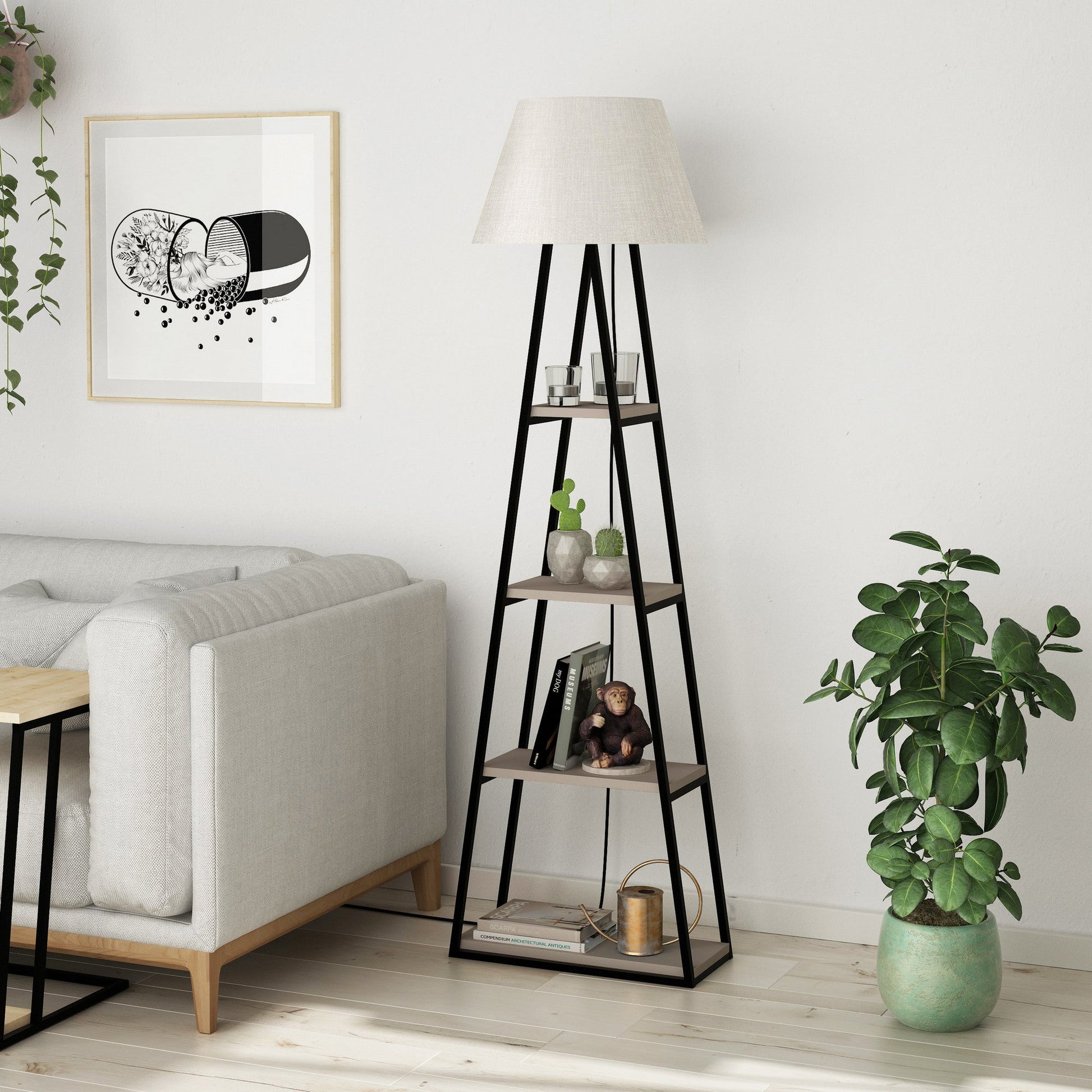 Candeeiro de Pé "Pal" – 50x22x165 cm – Moka Claro e Linho – Design Boho Industrial