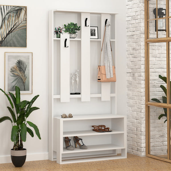Conjunto de Entrada Chester – Cabide, Banco e Sapateira - 90x36x180 cm – Branco – Estilo Moderno
