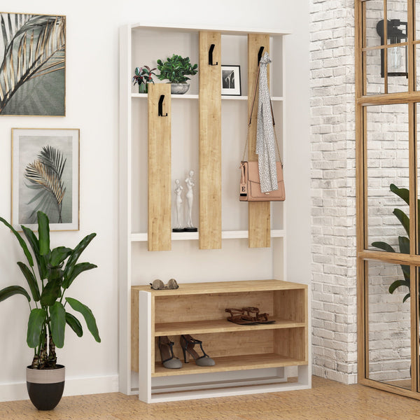 Conjunto de Entrada Chester com Cabide, Sapateira e Banco – 90x36x180 cm – Branco e Carvalho – Estilo Moderno