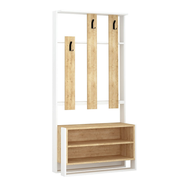 Conjunto de Entrada Chester com Cabide, Sapateira e Banco – 90x36x180 cm – Branco e Carvalho – Estilo Moderno