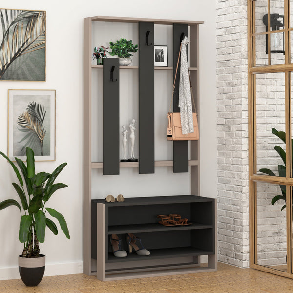 Conjunto de Entrada Chester –  Sapateira, Banco e Cabide - 90x36x180 cm – Moka Claro e Antracite – Estilo Moderno