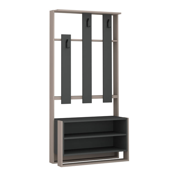 Conjunto de Entrada Chester –  Sapateira, Banco e Cabide - 90x36x180 cm – Moka Claro e Antracite – Estilo Moderno