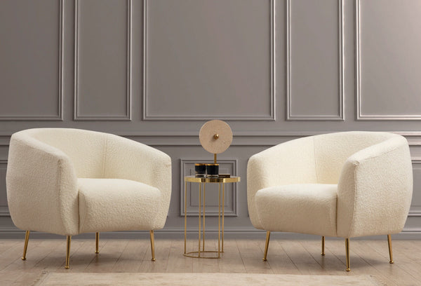 Poltrona "Eses" – Design Moderno – Creme Bouclette com Pernas Douradas
