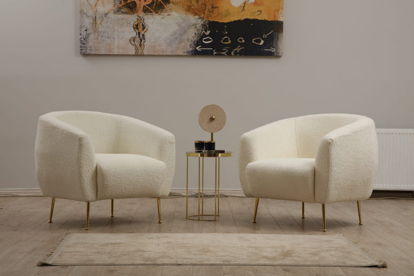 Poltrona "Eses" – Design Moderno – Creme Bouclette com Pernas Douradas