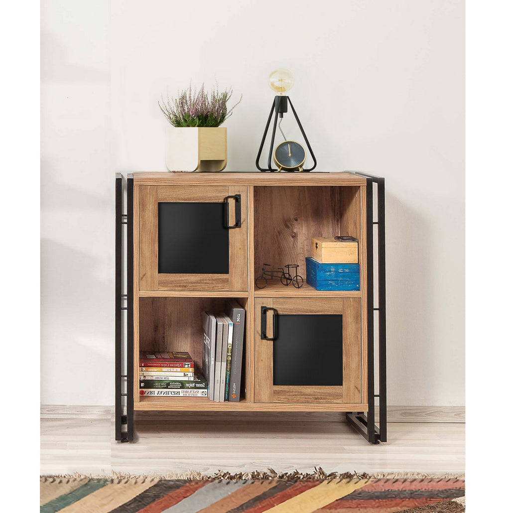 Estante/Aparador "Hakon" com 2 Portas - Pinho Atlântico e Preto - 89x89x35 cm - Design Industrial