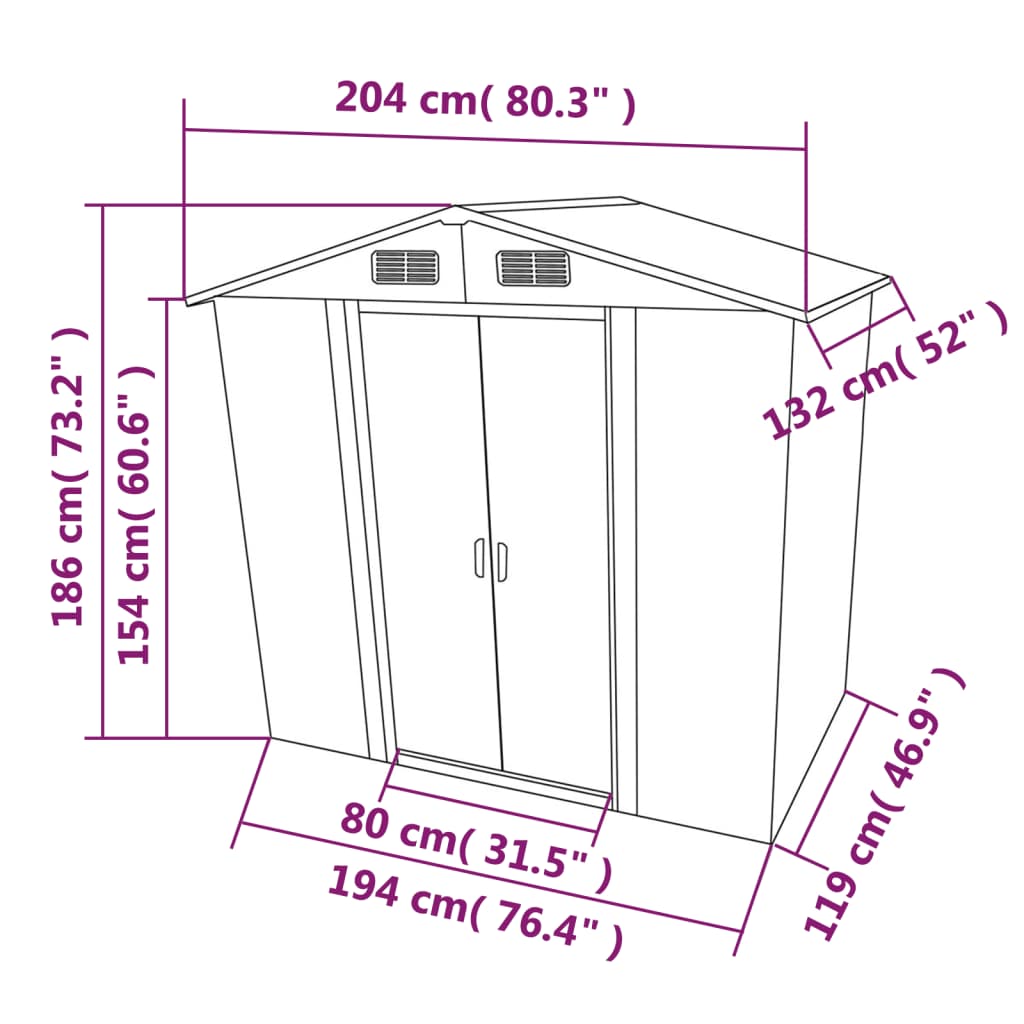 Abrigo de jardim metal verde 204x132x186 cm