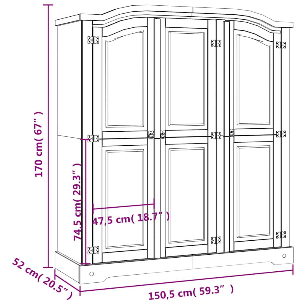 Roupeiro Corona Range pinho mexicano com 3 portas