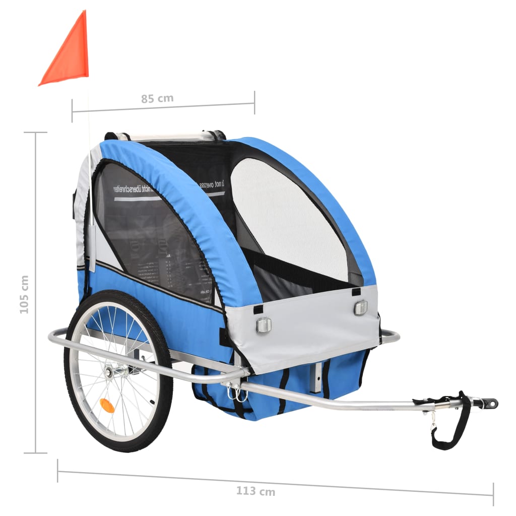 Reboque para bicicletas/carrinho de bebé 2 em 1 azul/cinza
