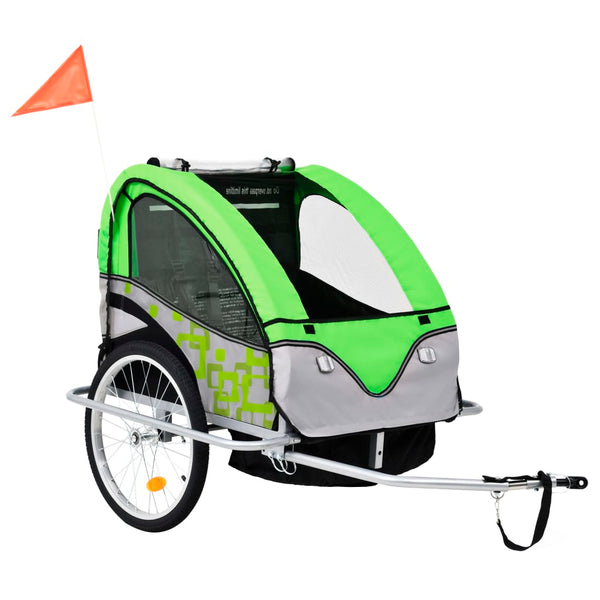 Reboque para bicicletas/carrinho de bebé 2 em 1 verde e cinza