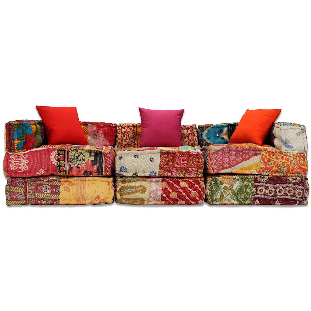 Pufe modular de 3 lugares tecido em retalhos