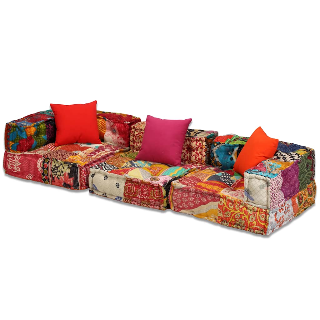 Pufe modular de 3 lugares tecido em retalhos