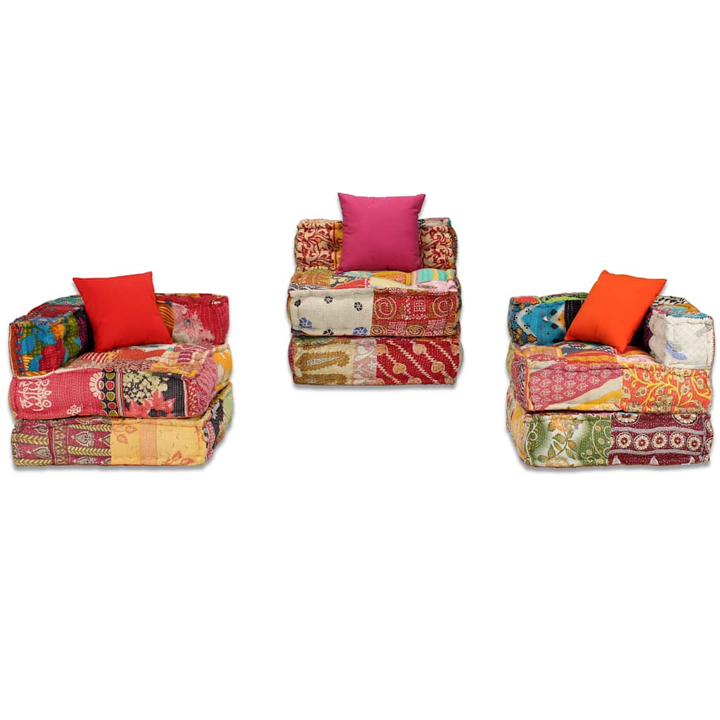 Pufe modular de 3 lugares tecido em retalhos