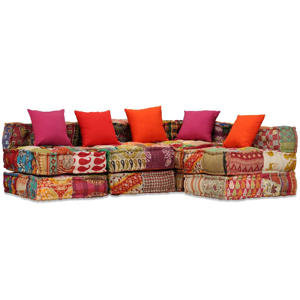 Pufe modular de 4 lugares tecido em retalhos
