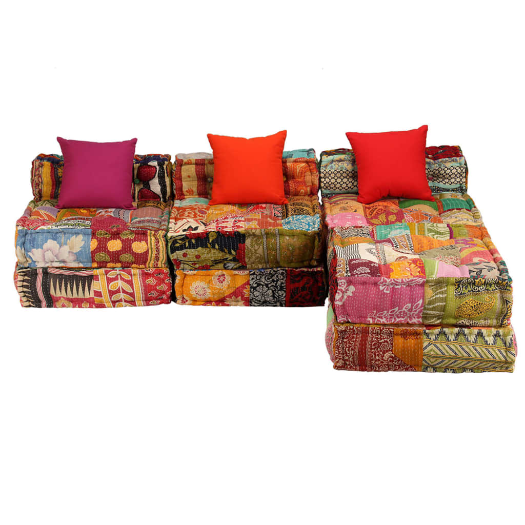 Pufe modular de 3 lugares tecido em retalhos