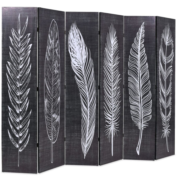 Biombo dobrável com estampa de penas 228x170 cm preto e branco