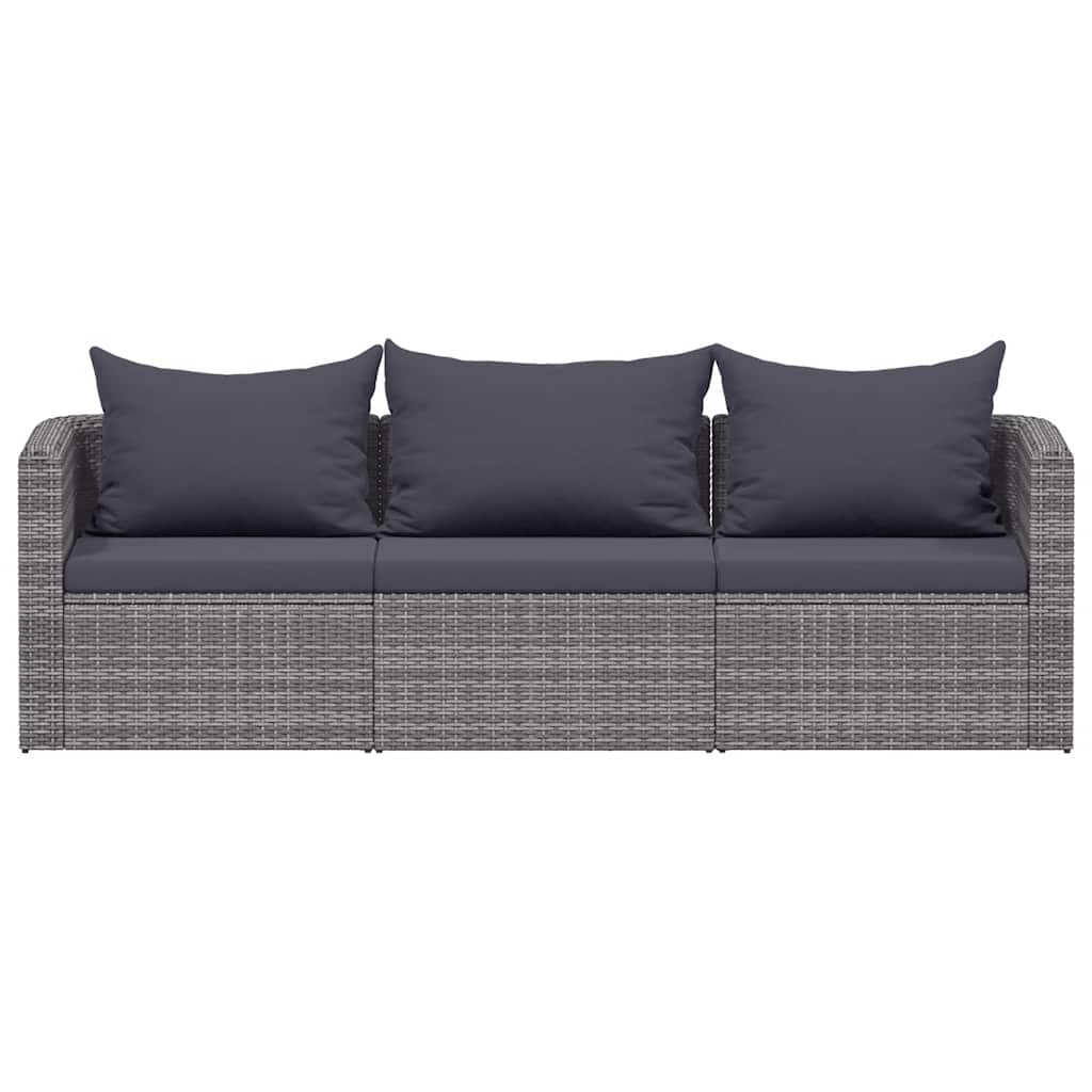 3 pcs conjunto sofás de jardim c/ almofadões vime PE cinzento