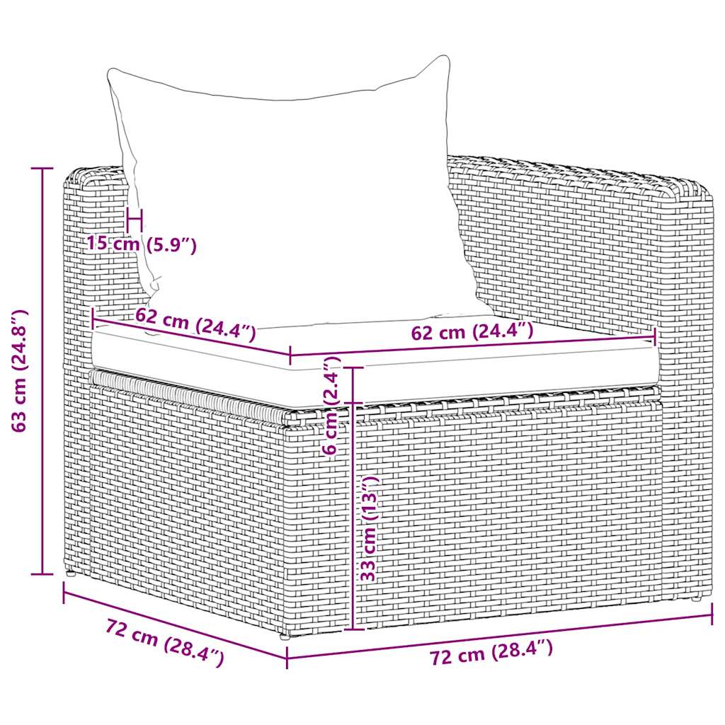 3 pcs conjunto sofás de jardim c/ almofadões vime PE cinzento