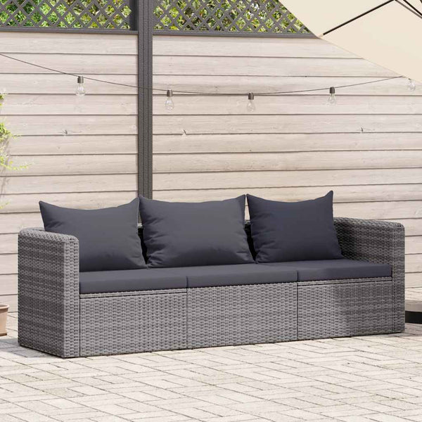 3 pcs conjunto sofás de jardim c/ almofadões vime PE cinzento