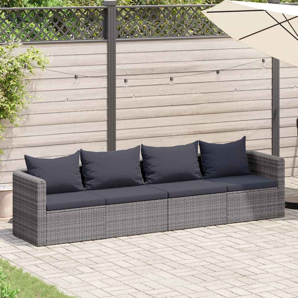 4 pcs conjunto sofás de jardim c/ almofadões vime PE cinzento