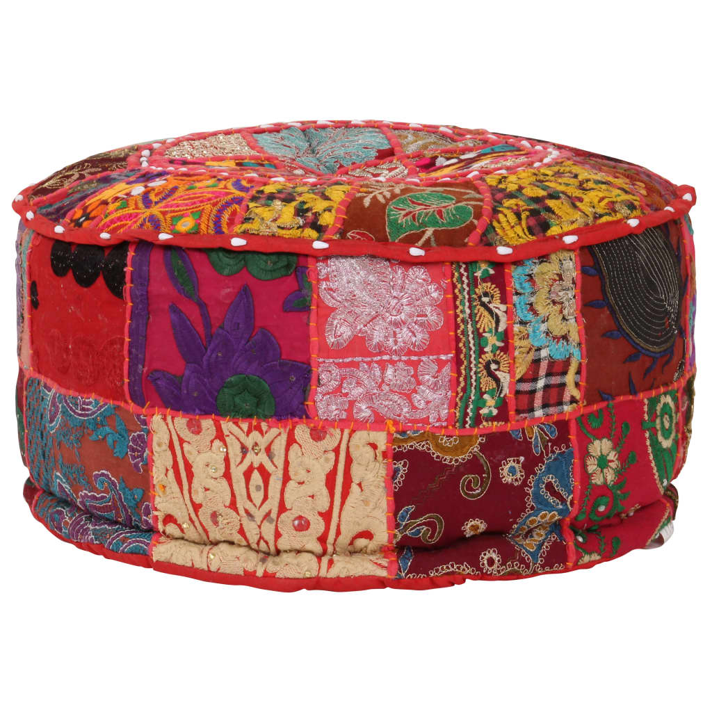 Pufe de retalhos redondo algodão artesanal 40x20 cm vermelho
